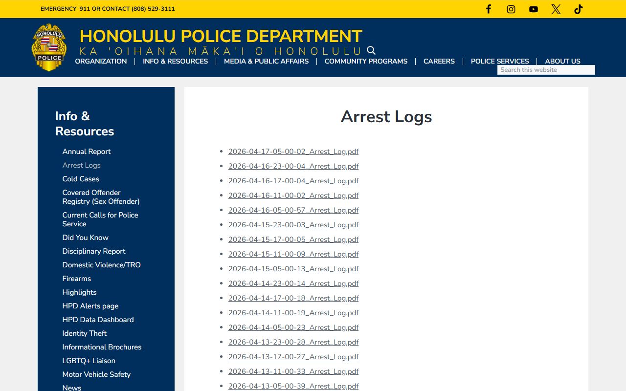 HPD daily arrest logs page for East Honolulu booking releases