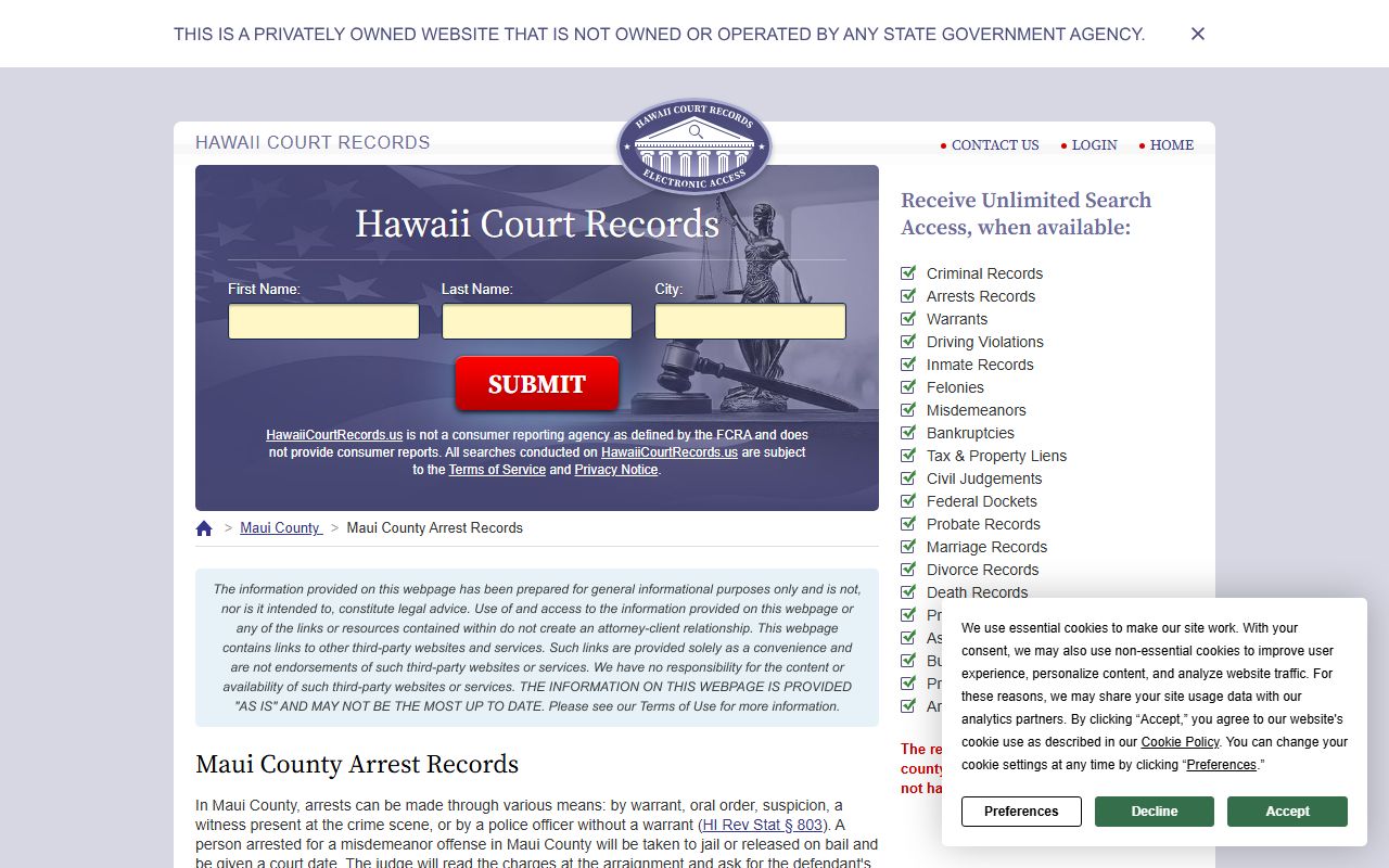 Hawaii court records page for Kahului booking releases