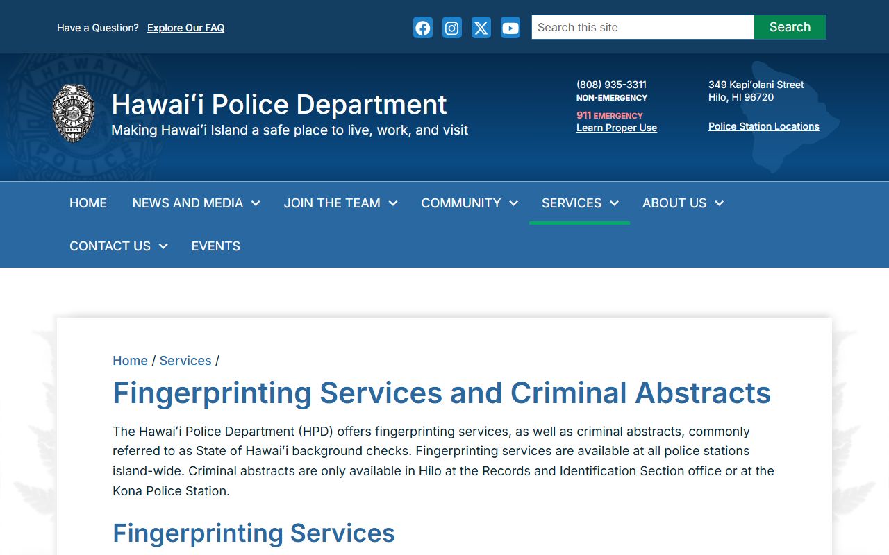Hawaii County fingerprinting and criminal abstracts page for Hawaii County booking releases