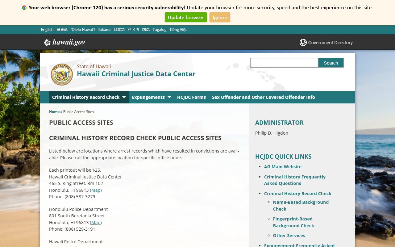 HCJDC Public Access Sites page for Honolulu County booking releases