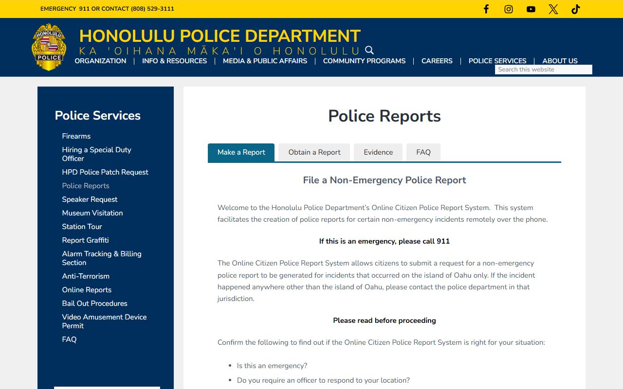 HPD Police Reports request page for Honolulu County booking releases
