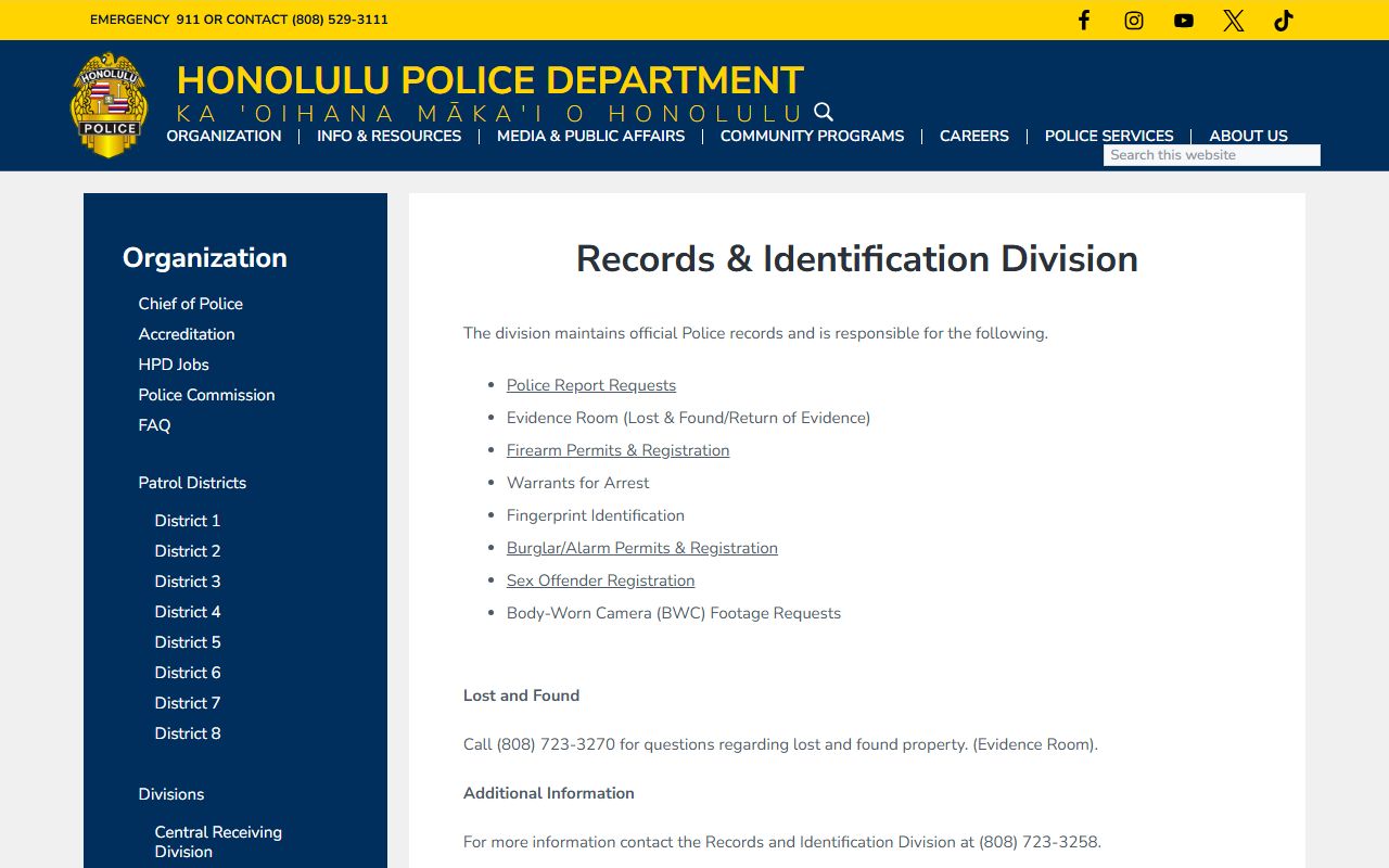 HPD Records and Identification Division page for Honolulu County booking releases