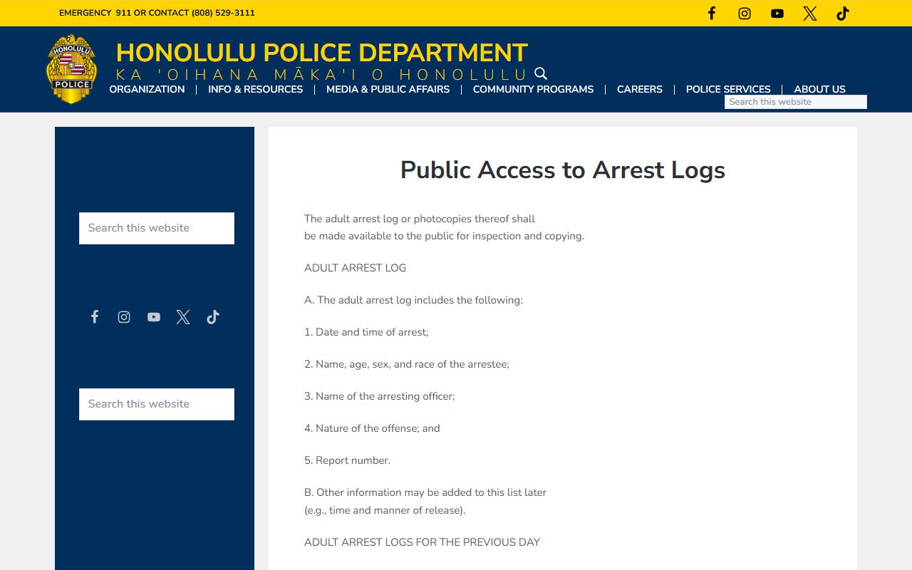 HPD public access to arrest logs policy for Honolulu County booking releases