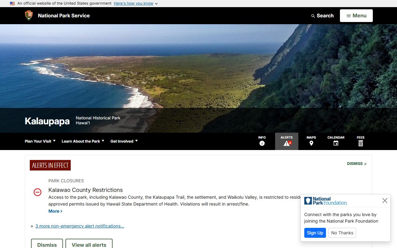 Kalaupapa National Historical Park page for Kalawao County booking releases