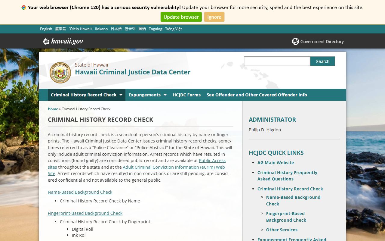 Hawaii criminal history record check page linked to Hawaii booking releases