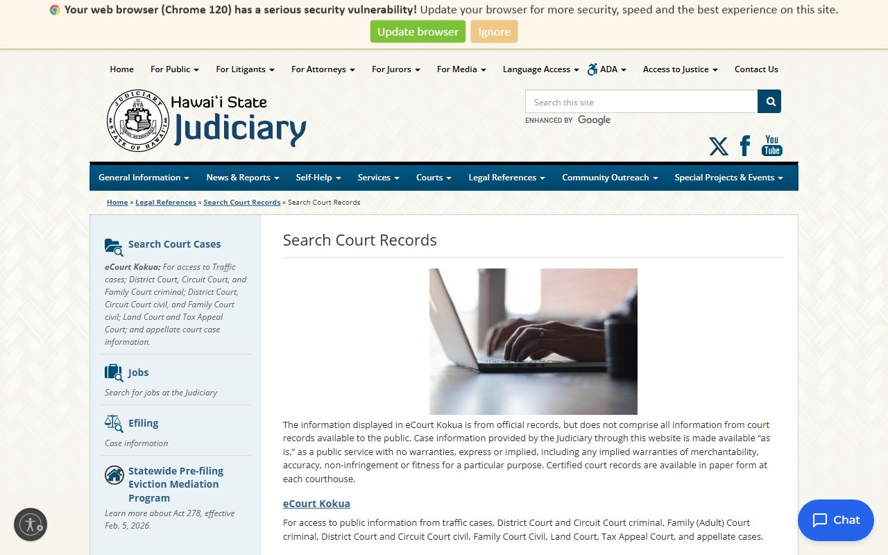 eCourt Kokua search page for Hawaii booking releases and court case records