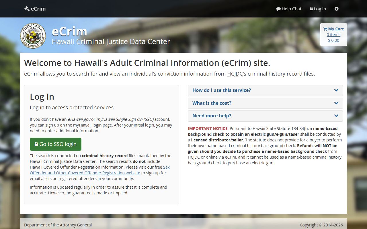 Hawaii eCrim search interface for Hawaii booking releases and conviction records