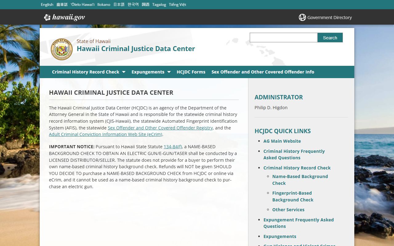 Hawaii Criminal Justice Data Center homepage for Hawaii booking releases