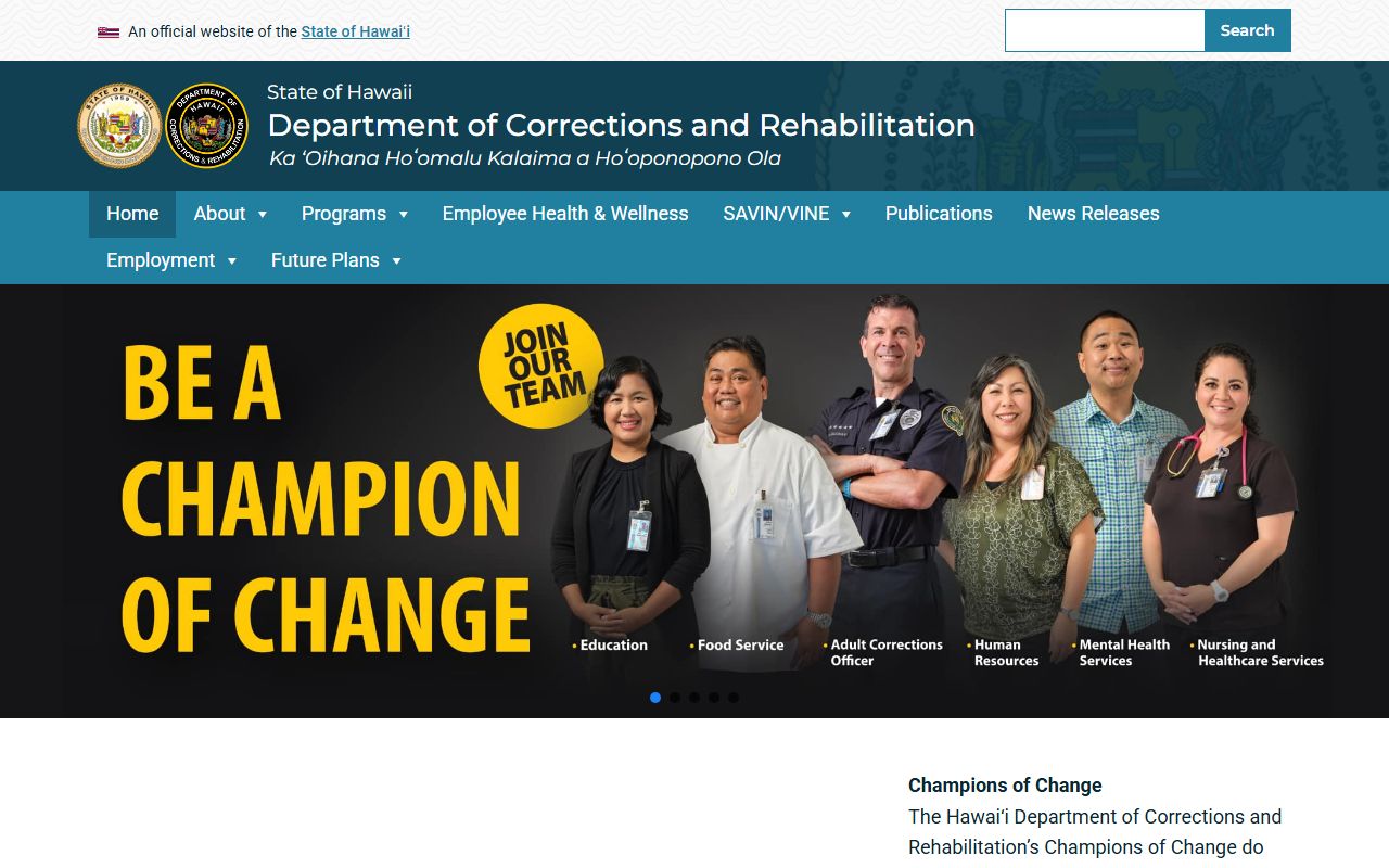 Hawaii Department of Corrections and Rehabilitation homepage for Hawaii booking releases