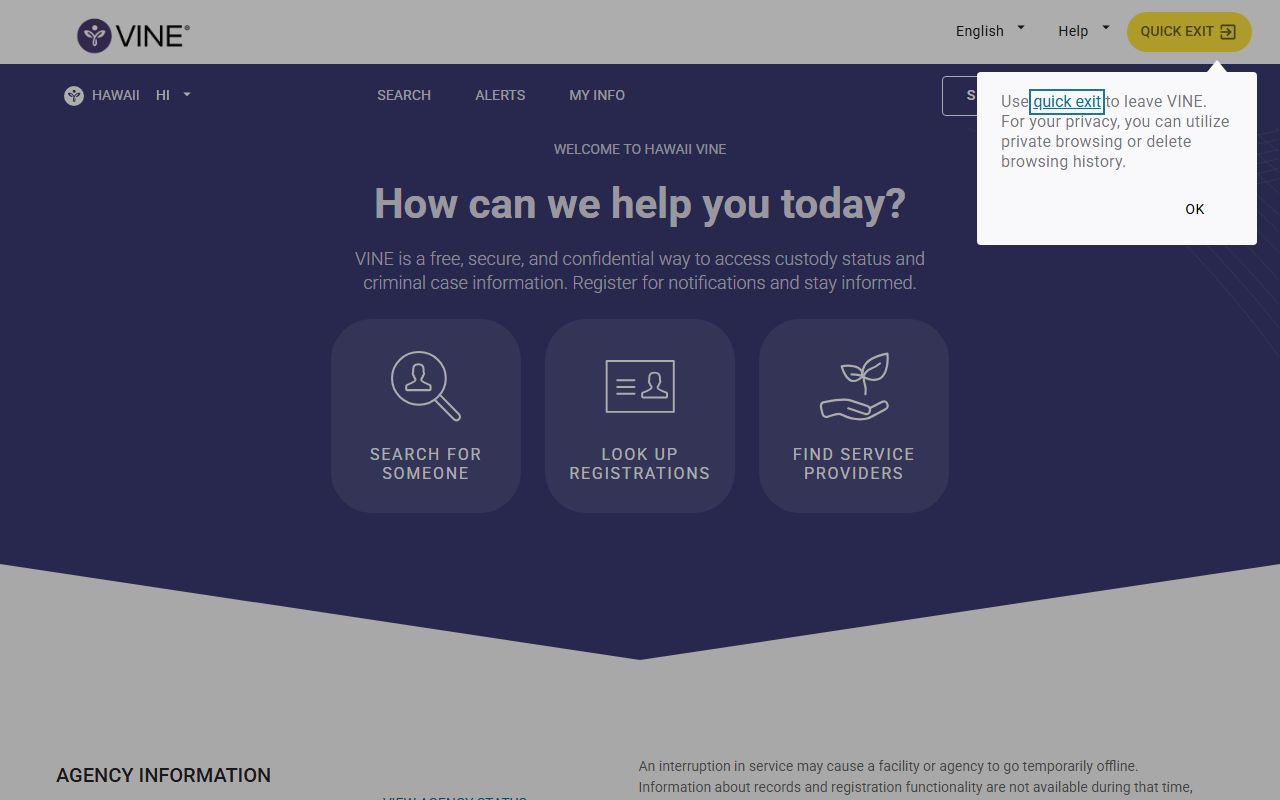 Hawaii SAVIN VINE system for Hawaii booking releases and inmate release alerts