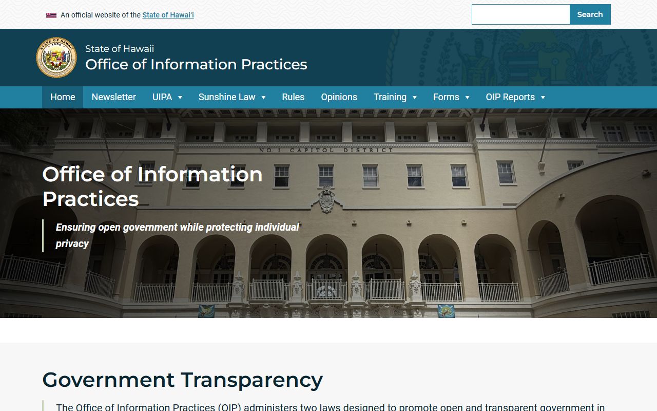 Hawaii Office of Information Practices homepage for Hawaii booking releases UIPA requests